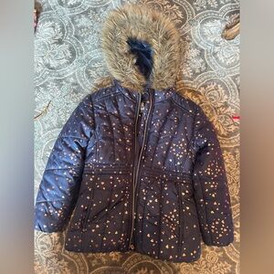 Navy Puffer Jacket with Faux Fur Hood